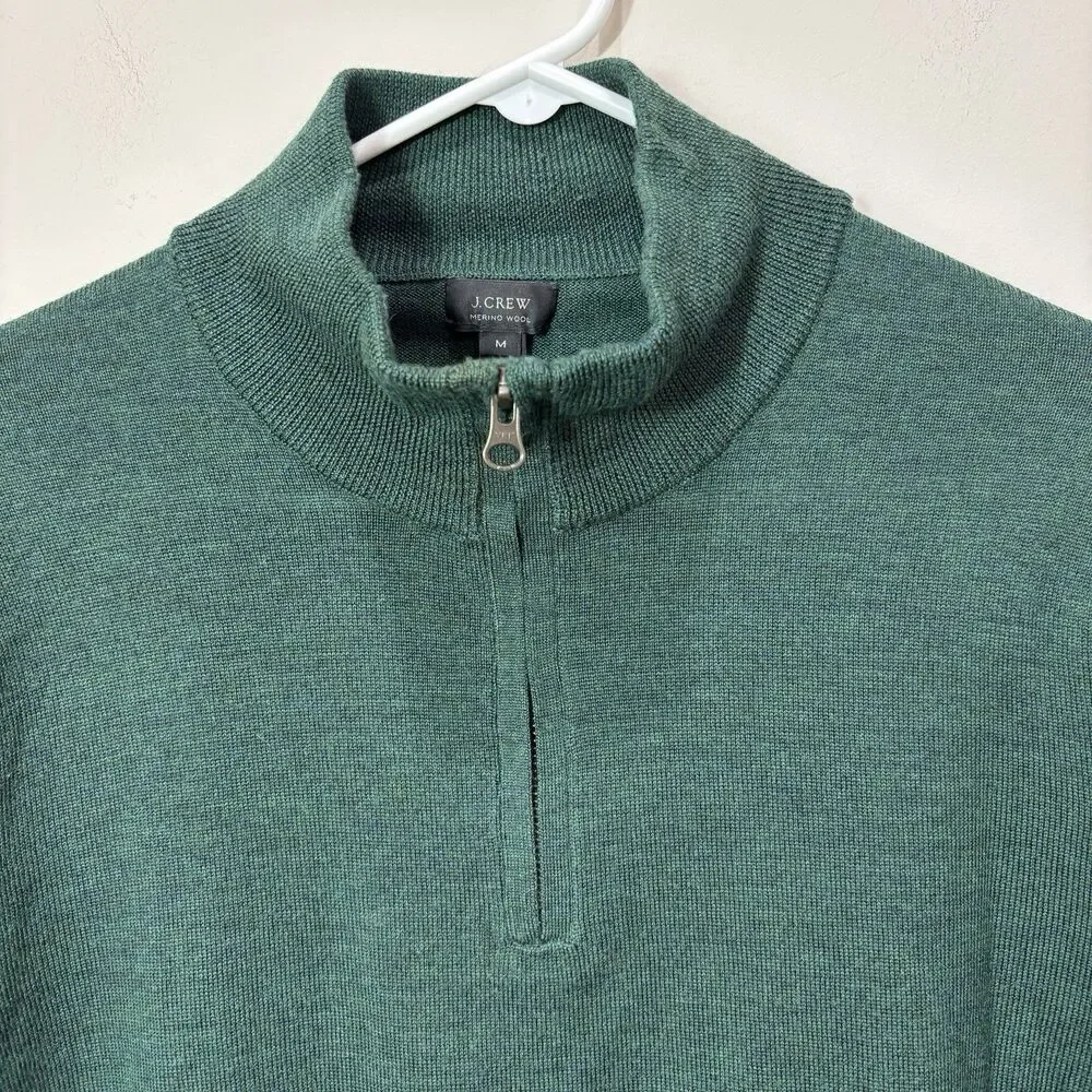 J Crew 100% Merino Wool 1/4 Zip Pullover Dark Green Men M Preppy Quiet Luxury